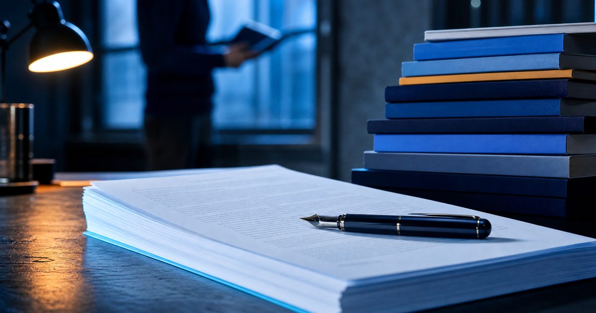 Contratto di edizione stampato su una scrivania, con una penna e una pila di libri in brossura sullo sfondo