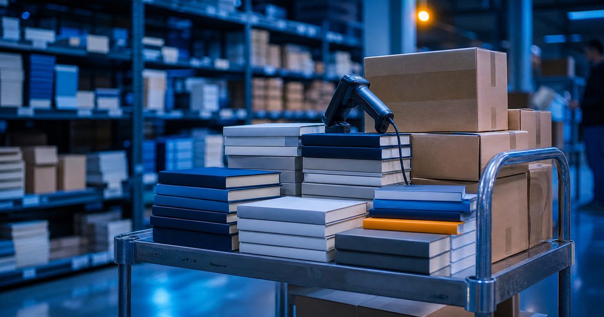 A trolley with sorted stacks of paperbacks and shipping boxes in a book wholesaler's warehouse