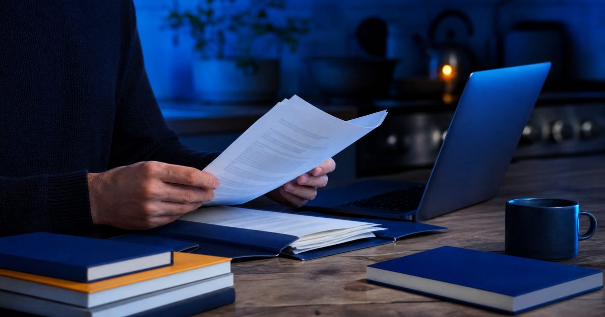 An author at a kitchen table with a laptop, a folder of printed documents and a paperback, sorting through paperwork