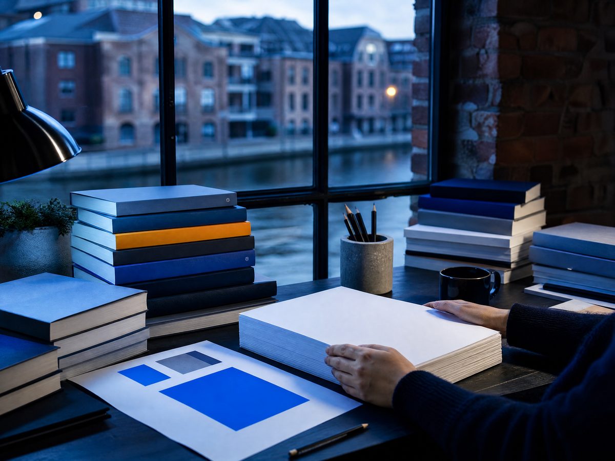 Editorial desk of a publishing house with proofs, paperbacks and cool morning light