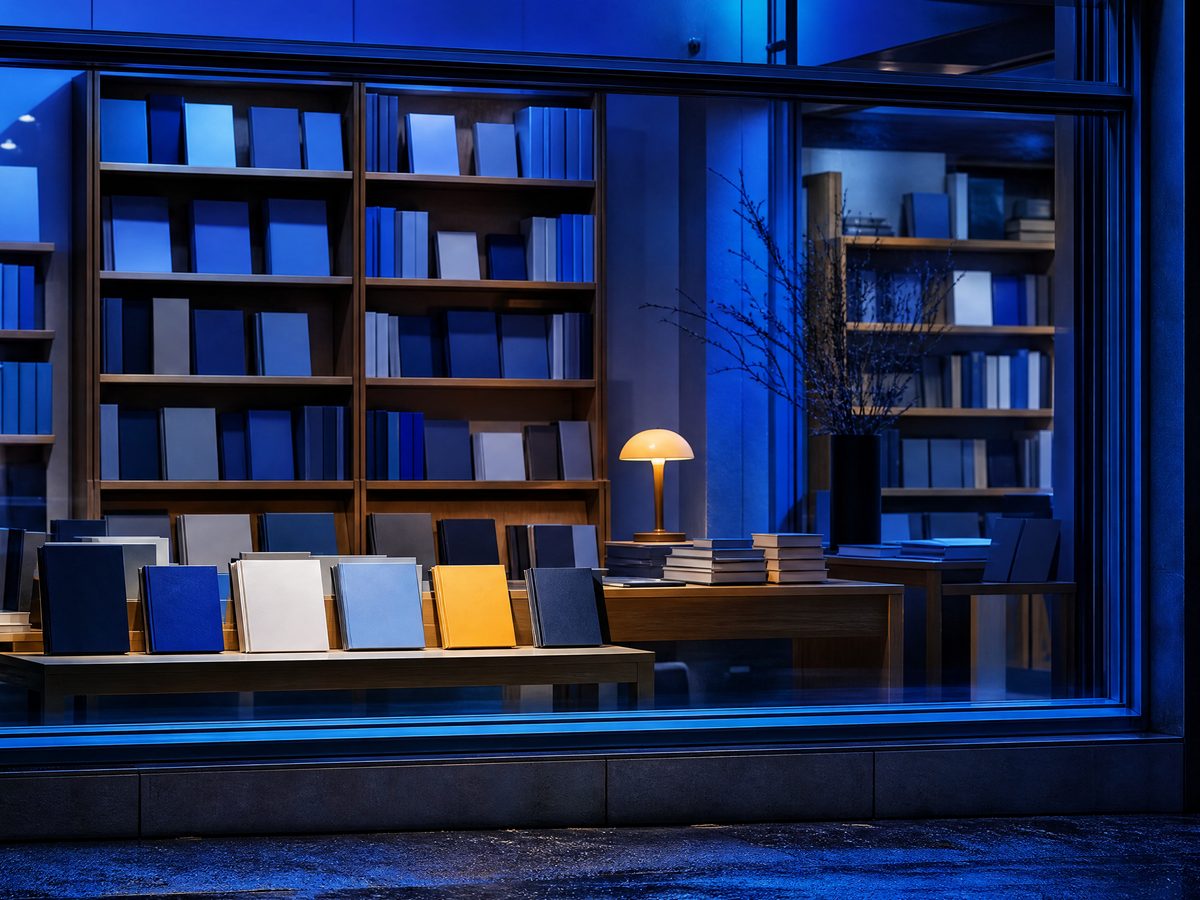 Bookstore shelves full of paperbacks in blue evening light