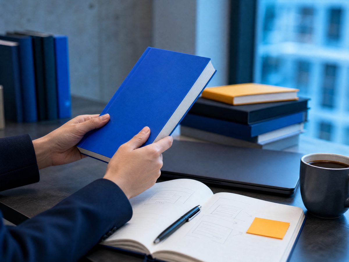 An author's hands holding a freshly printed paperback at a desk