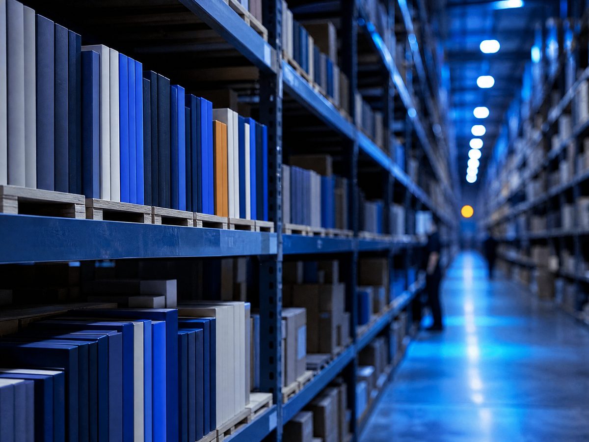 Aisles of a book wholesale warehouse with tall shelves in cobalt light