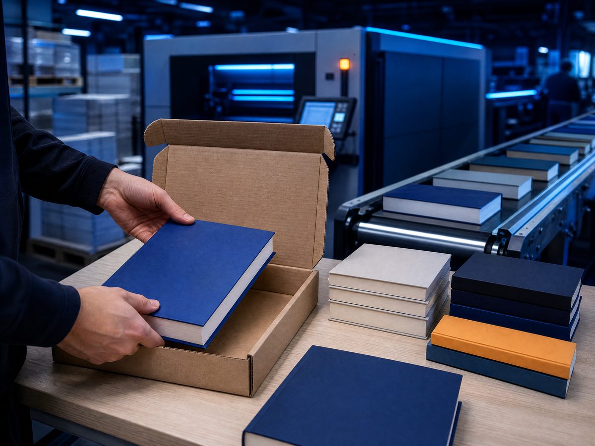 Paperbacks being packed in a print-on-demand facility under cool blue light