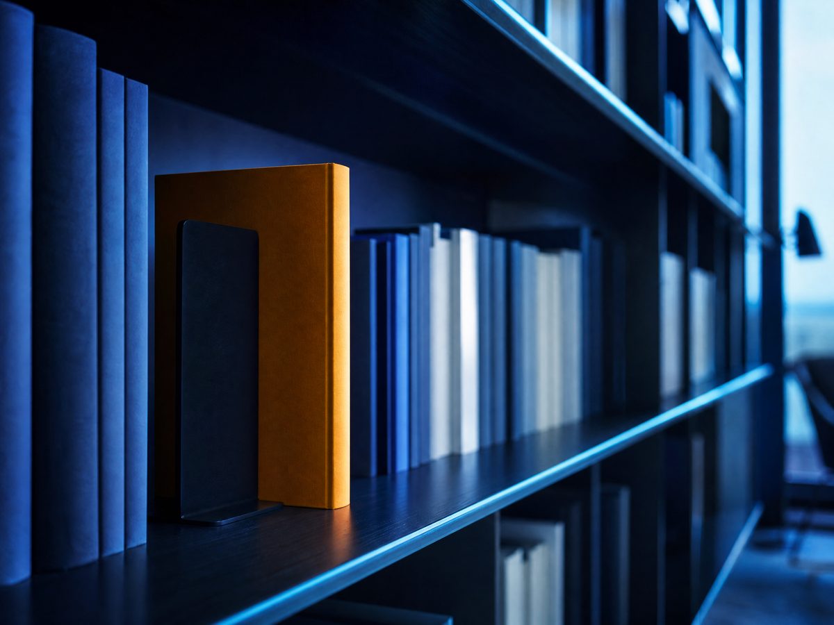 A single paperback standing securely in a long bookshelf in blue light