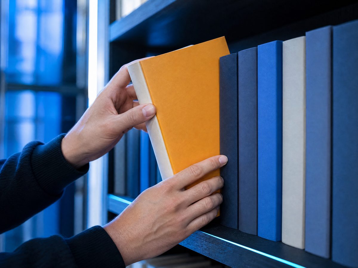 Hands taking a paperback off a bookstore shelf